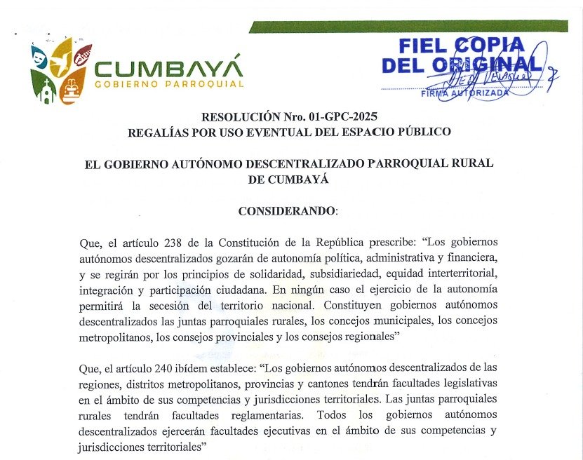 Resolución del uso de espacio público Parroquia Cumbayá 2025